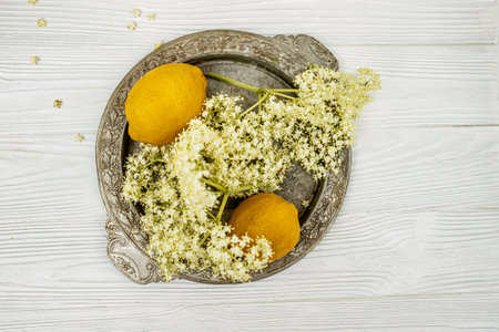 A transparent glass with a slice of lemon and a bouquet of elderberry in a vase on the summer terrace. Soft soft drink with ambucus syrup. A medicinal product from a flowering treeの写真素材