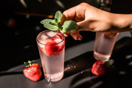 Barista hand putting fresh mint leaves on a cocktail of strawberries and lymyon. Strawberry-blueberry iced tea. A colorful and invigoratingの写真素材