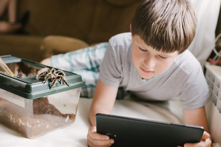 Tarantula escaped from terrarium. child plays on tablet next to pet. boy is looking for information...