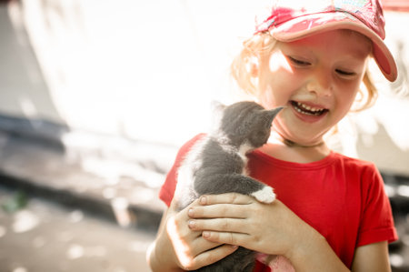 Animal rescue. A stray kitten rescued by a childの写真素材