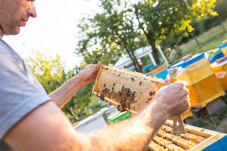 beekeeper holds a frame with honey, and bees. Close-up of beekeeping. Local ecosystem and support.