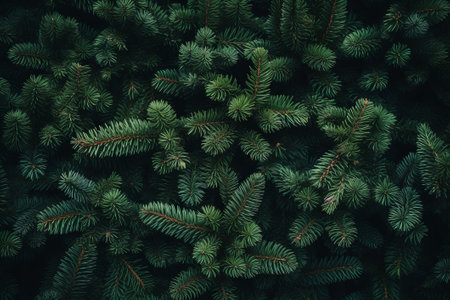 Green fir tree branches as background texture. Top view. Copy spaceの素材