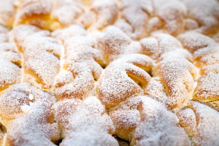 Close-up of a piece of apple pie sprinkled with powdered sugarの写真素材