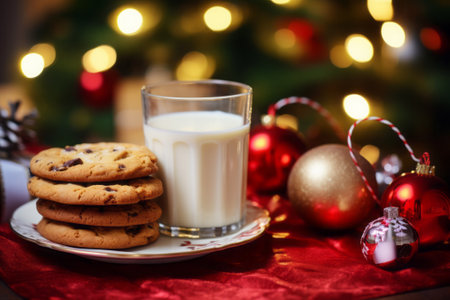 Glass of milk with cookies and Christmas decorations on background of Christmas treeの素材