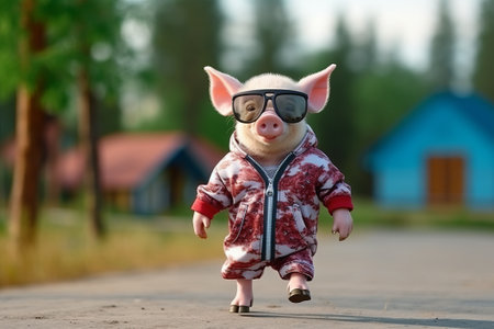 Funny little piglet dressed in a jacket and sunglasses walks on the roadの素材
