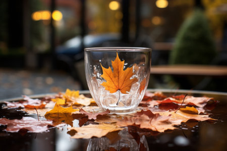 Autumn maple leaves in a glass of water on a table in a cafeの素材