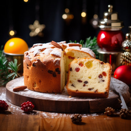 Christmas cake with raisins and powdered sugar. Selective focus.の素材