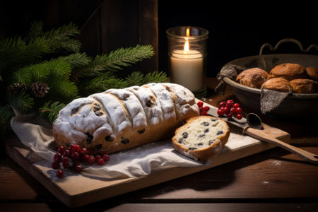 Christmas stollen with raisins and blueberries on wooden backgroundの素材