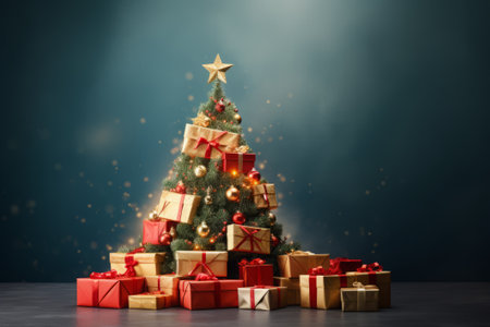 Christmas tree with gift boxes on dark background. Christmas and New Year conceptの素材