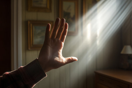 Man's hand with a beam of light shining through the window..の素材