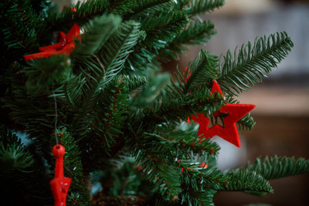 Christmas tree with ornaments. Selective focus. Holiday.の写真素材