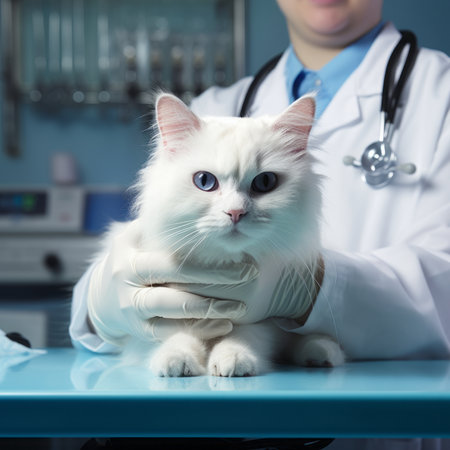 Veterinarian holding a white cat in a veterinary clinic on a tableの素材