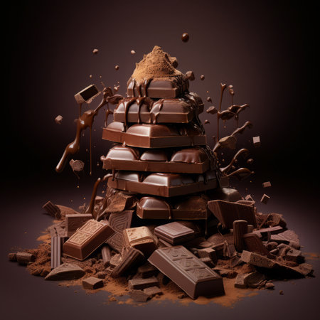 Chocolate stack with falling pieces and splashing cocoa powder on dark backgroundの素材