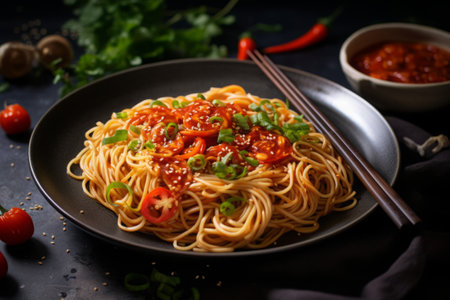 Spaghetti with chili sauce and green onion on a black background.の素材