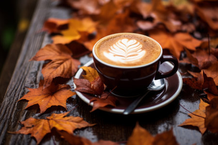 Cup of coffee with latte art on autumn leaves background.の素材