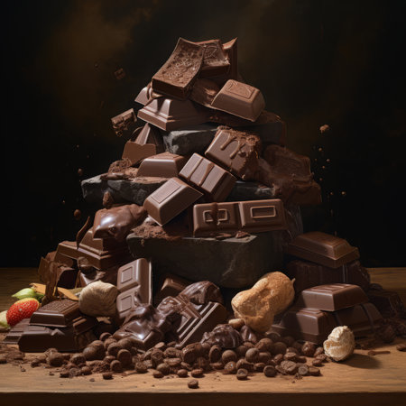 Chocolate bar stack with chocolate candies and nuts on dark backgroundの素材