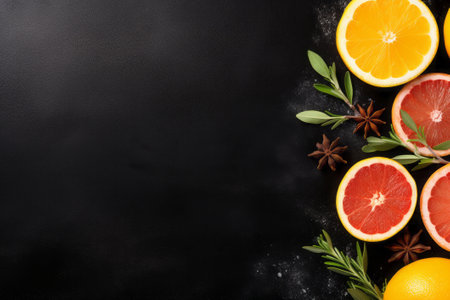 Grapefruit, orange, lemon and rosemary on a black backgroundの素材