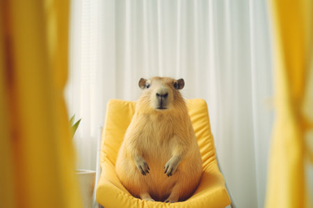 Cute capybara sitting on yellow armchair in room, closeupの素材