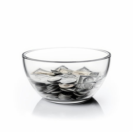 Glass bowl full of money on white backgroundの素材