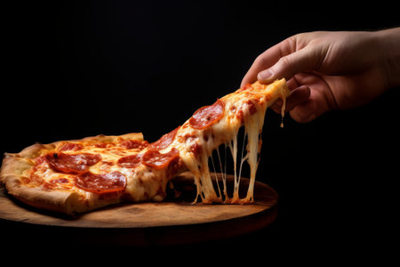Hand taking slice of pepperoni pizza from wooden board on black backgroundの素材