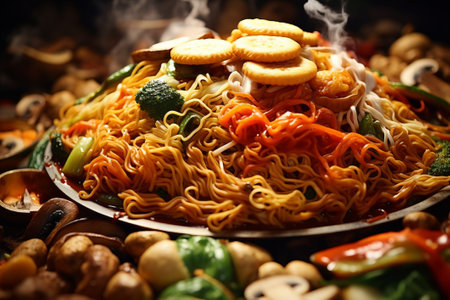 Chinese noodles with vegetables and mushrooms on dark background. Close up.の素材