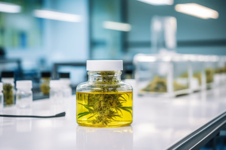 Cannabis oil in a glass bottle on the laboratory table.の素材