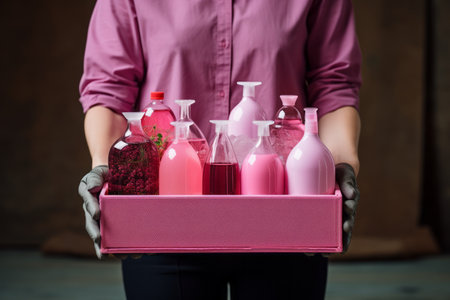 Cleaning products in the hands of a woman in a pink shirt.の素材