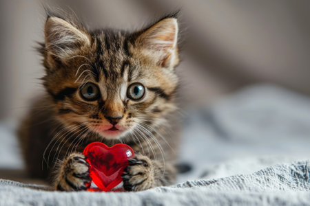 Cute bengal kitten with gift box on Christmas background. Valentines day conceptの素材