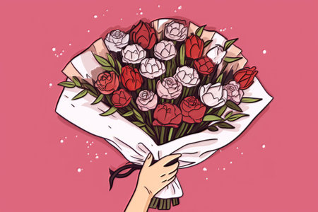 Hand holding a bouquet of red and pink roses. valentine's day card.の素材