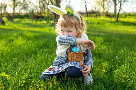 A little girl with colorful Easter eggs in her hands in a clearing. Easter egg hunt in garden