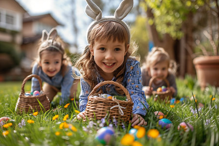Happy Easter! Cute little girls in bunny ears are playing with Easter eggs in the garden.の素材