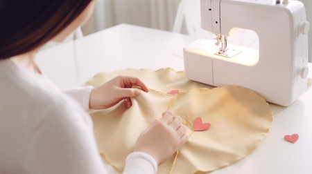 Close-up of female hands sewing a heart on the fabric.の素材
