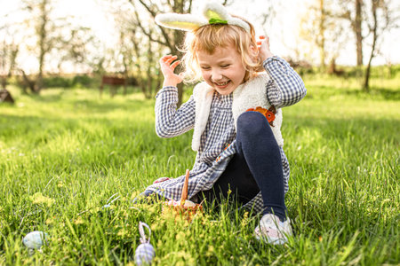 Happy little girl wearing bunny ears and running on green grass in garden celebrating Easter