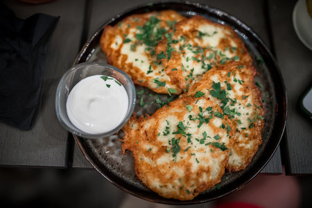 Crispy potato pancakes with sour cream