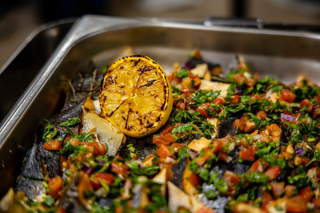 Baked fish with lemon and parsley in a restaurant kitchen.の写真素材