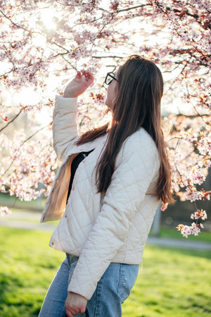 A woman in a light quilted jacket stands under blooming cherry trees, gently touching the flowers while enjoying the serene spring ambiance in a park.の写真素材