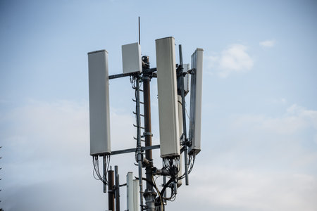 Cellular tower equipment and antennas close-upの写真素材