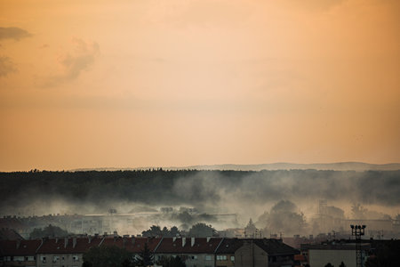 Chemical fog covering Osijek streets in the morningの写真素材