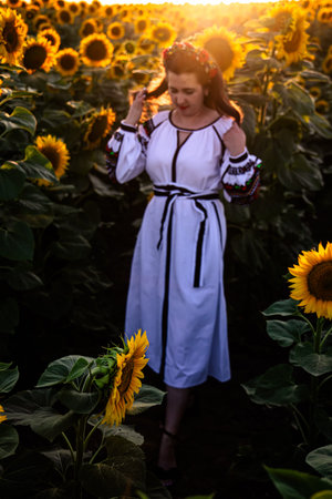 Celebrating Ukraine's national identity with embroidered clothing and a scenic sunflower field...
