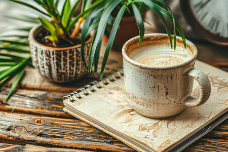 Cozy coffee moment at home with plants and a notebook in a warm atmosphereの素材
