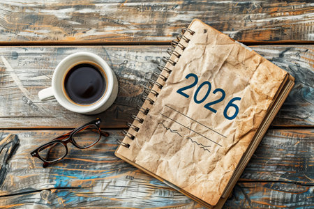 Planning for the future with a 2025 calendar, coffee, and glasses on a wooden tableの素材