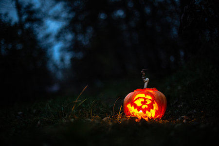 Eerie glowing pumpkin face lighting up a haunted autumn night.の写真素材