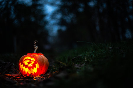 Glowing pumpkin with sinister face illuminating the darkness of Halloween night.の写真素材