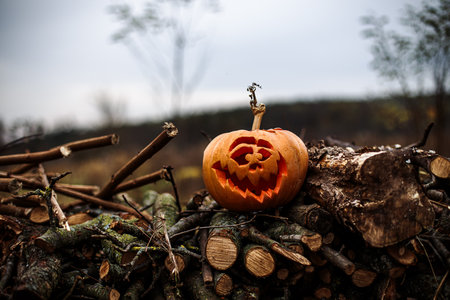 Creepy Halloween jack-o'-lantern glowing brightly with an eerie expression.の写真素材