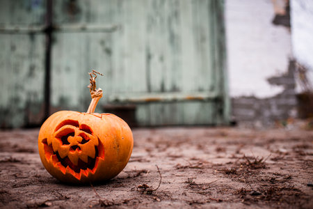 Halloween glowing pumpkin head shining in darkness as festive decor.の写真素材