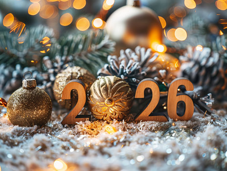 Decorative arrangement of 2025 with ornaments and festive lights during a winter celebrationの素材