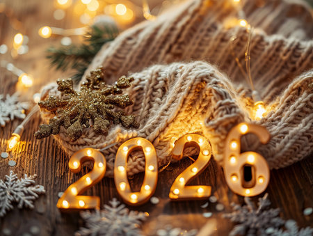 Festive New Year decoration with sparkling lights, warm knitted fabric, and winter elements celebrating the arrival of 2022の素材