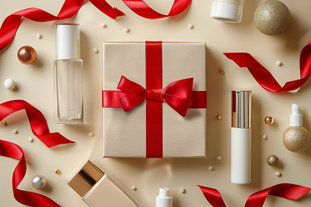 Gift box arrangement with beauty products and festive decorations during the holiday seasonの素材