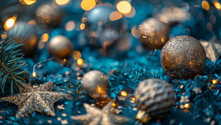 Festive arrangement with golden numbers, ornaments, and sparkly decorations for a New Year celebration in winter seasonの素材