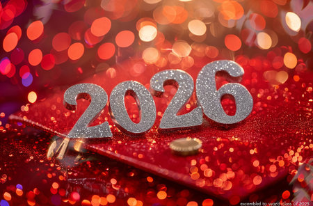 Sparkling decorations showcase the year 2025 for New Years celebration on a festive red backgroundの素材